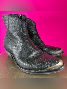 Golden Goose Young Python Embossed Black Leather Metal Toe Ankle Boot EU 36
